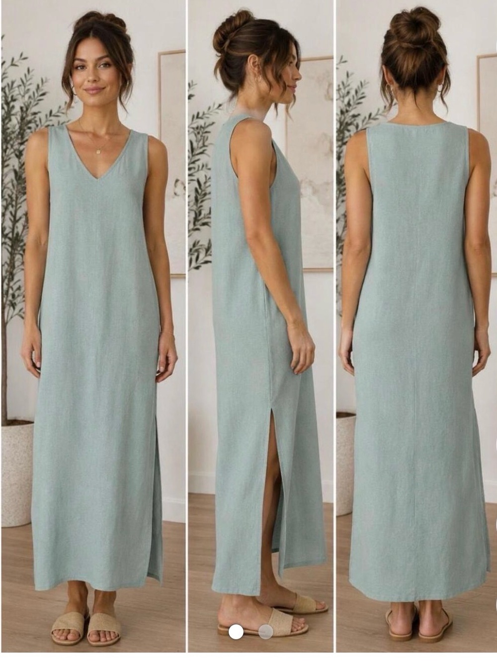 DKNY Linen dress Sleeveless V-Neck Maxi Dress in Light Aqua Blue Large size